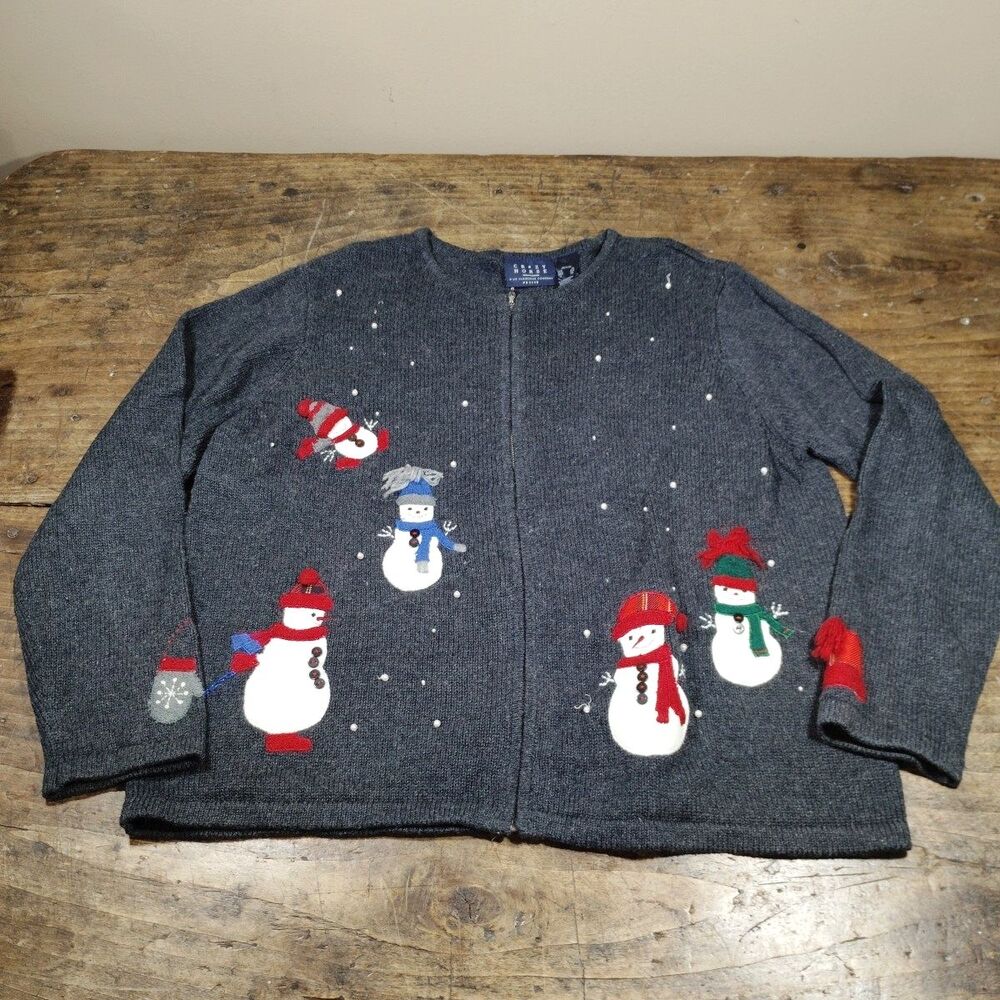 Crazy Horse Liz Claiborne XL Petite Sweater Snowman Winter Holiday Zip Up Top